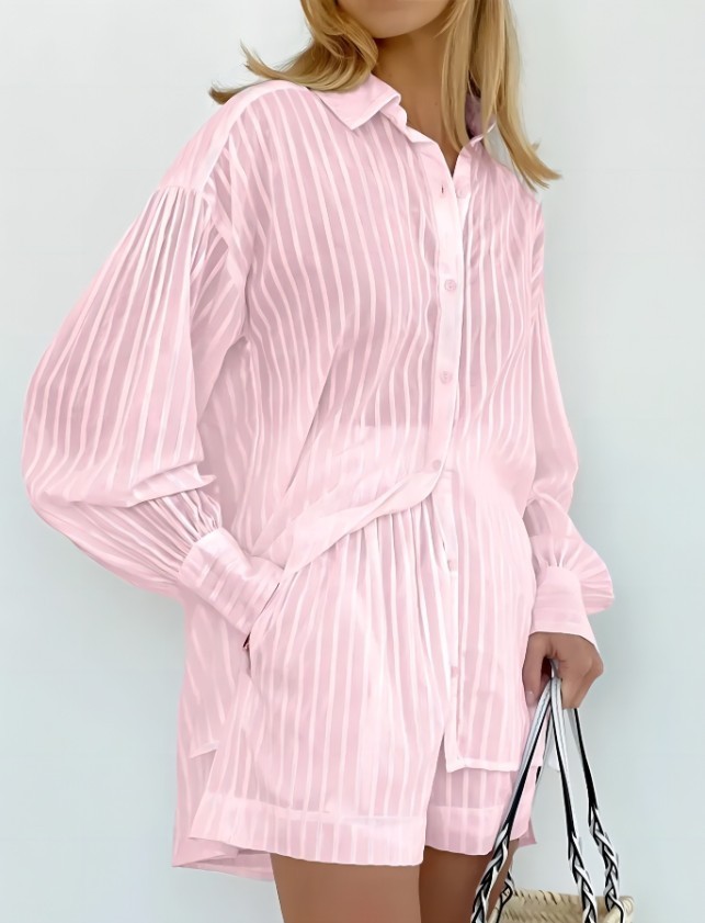 Women Striped 2 Piece Outfit Long Sleeve Button Down Shirt + Casual Short Set