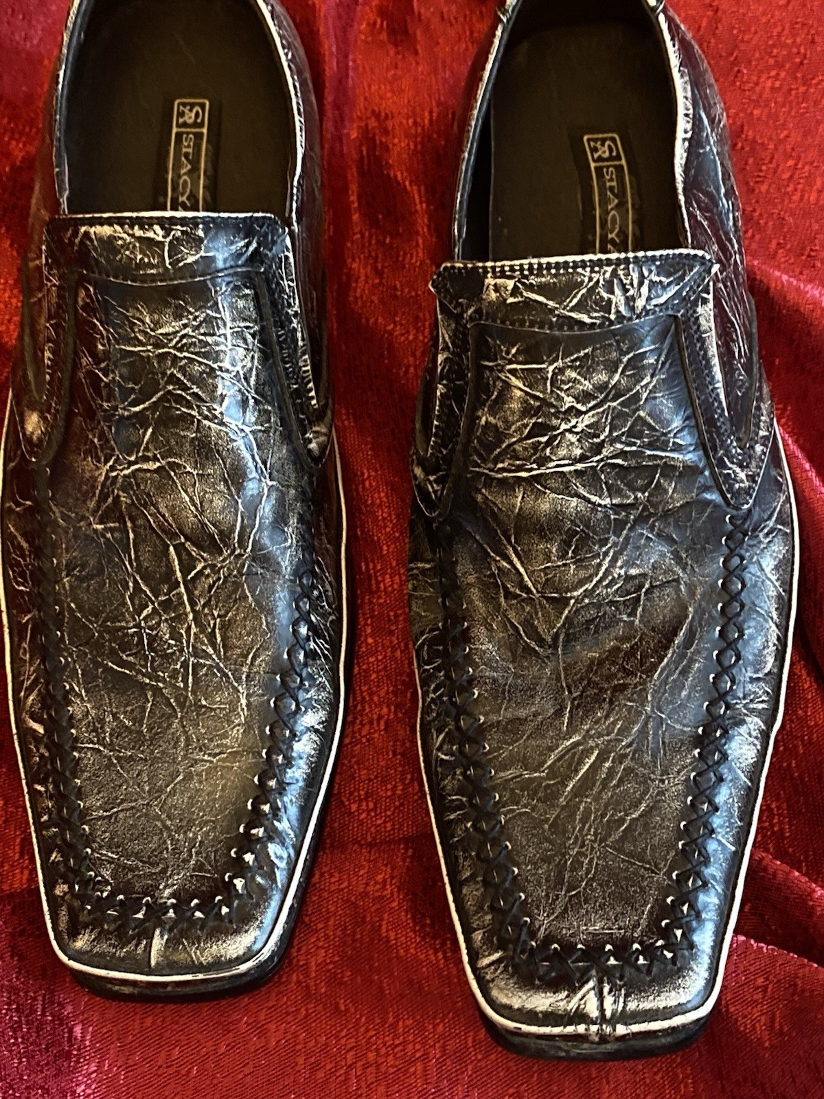 STACY ADAMS Thick Stitch Sq. Toe Slip On Loafer Black Marble Leather Sz 7.5 VTG