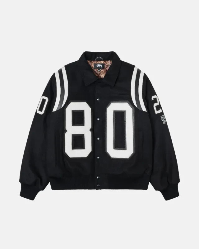 Stussy 80 Wool Varsity Jacket Black White Football Letterman Retro Rare Size