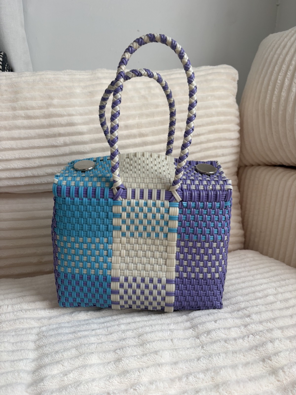 Handmade Mexican Plastic Tote Bag with Geometric Braided Handles