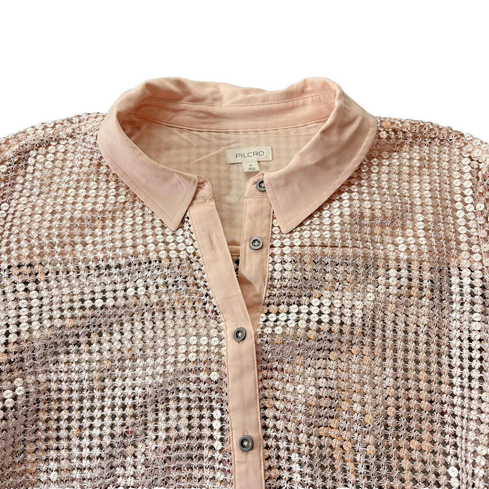 Pilcro Anthropologie Sequin Mesh Shirt 1X Blush Sheer Button Front Plus Size
