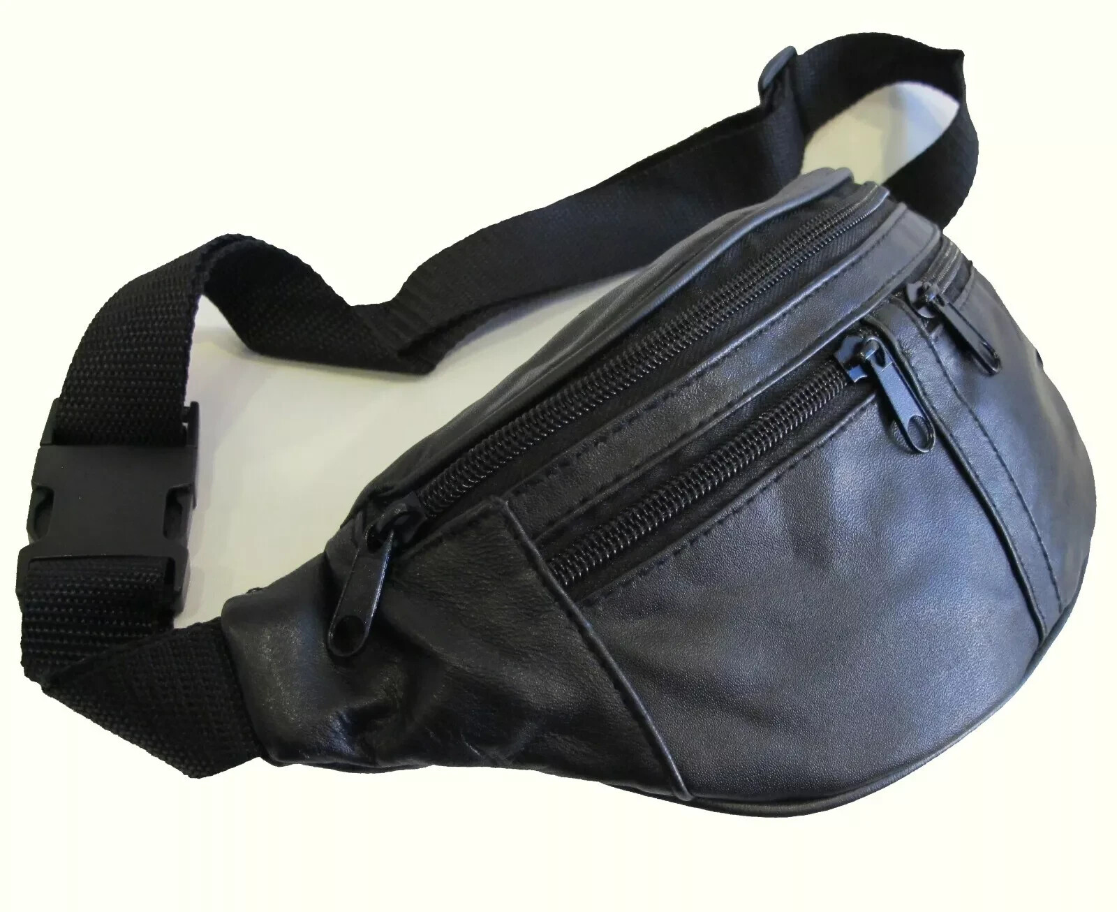 Small 4 Zipper Pocket Soft Lamb Leather Fanny Pack 48″ Long Waist Bum Bag -BLACK