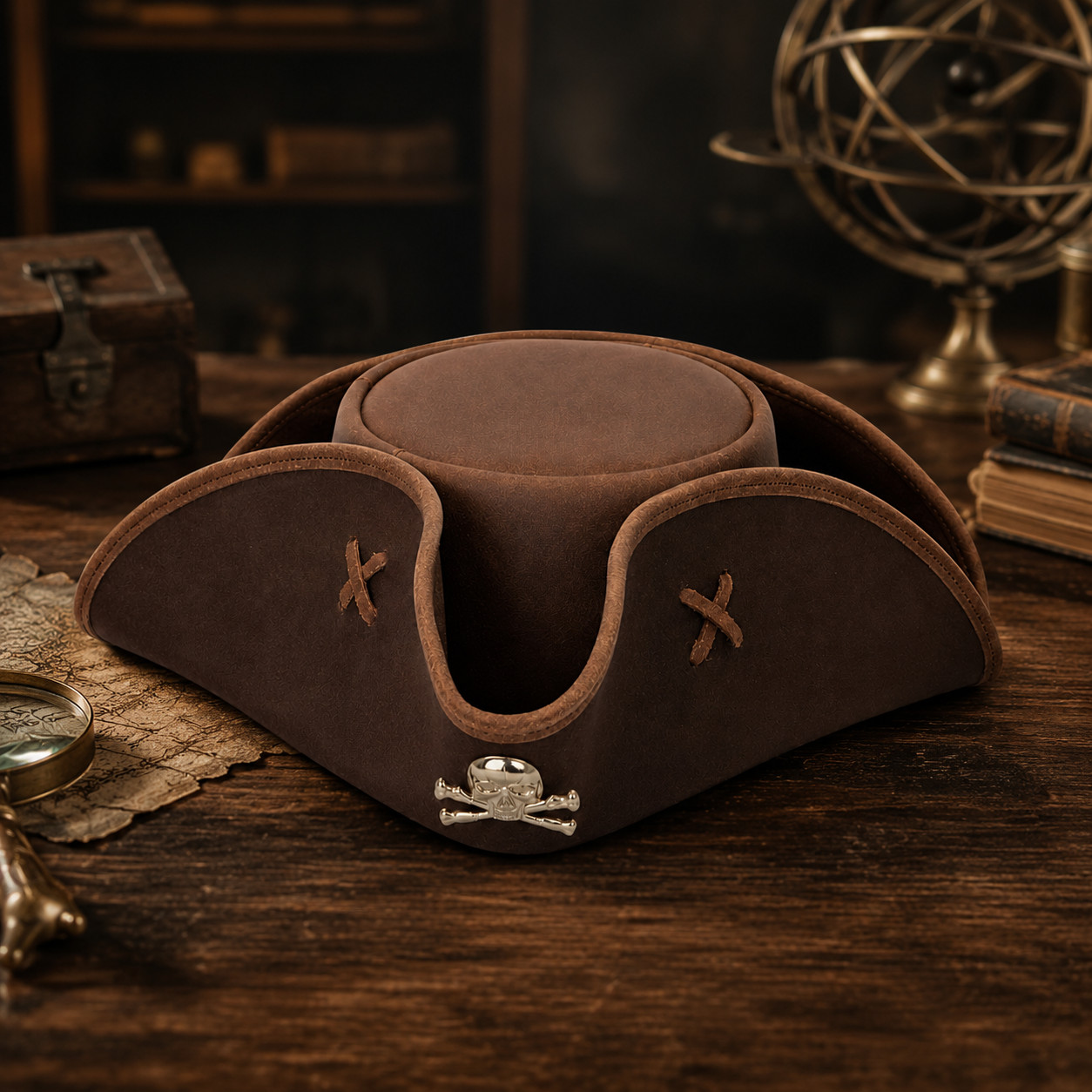 Brown Faux Leather Tricorn Pirate Hat Cross Stitch Handmade Costume LARP