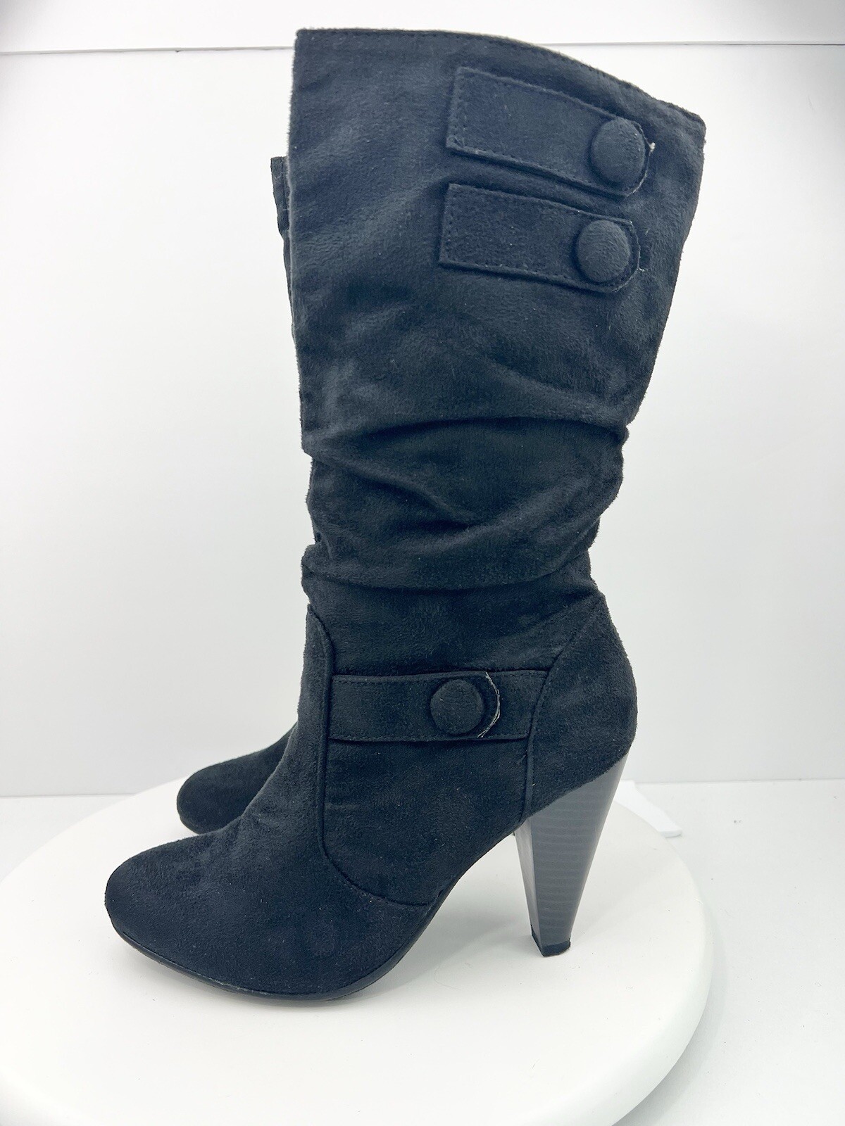 Bay Studio Natalie Black Faux Suede Button Detail Mid-Calf Boots Women’s Size 8M