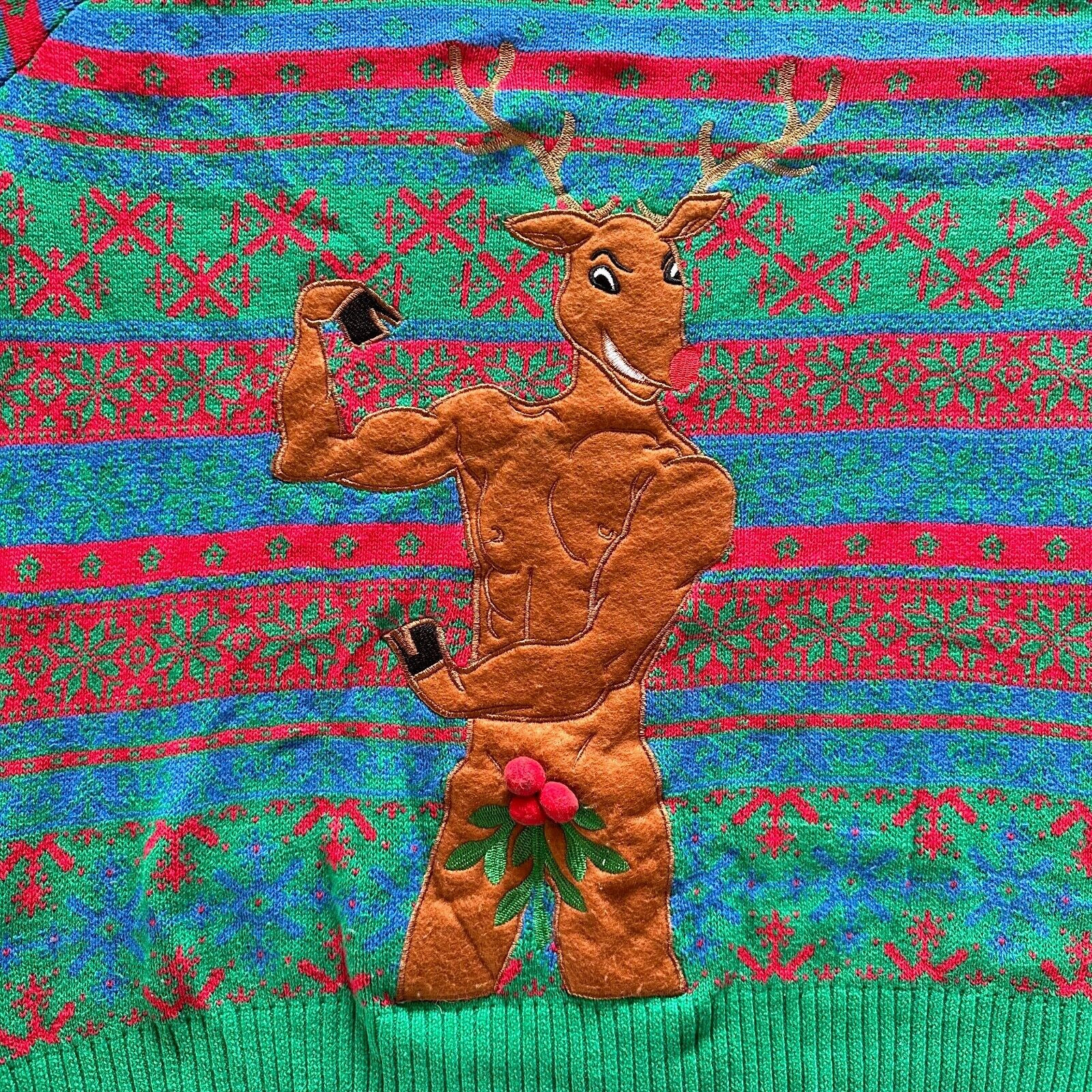 Blizzard Bay Muscle Rudolph Mistletoe Balls Christmas Funny Ugly Sweater Size XL