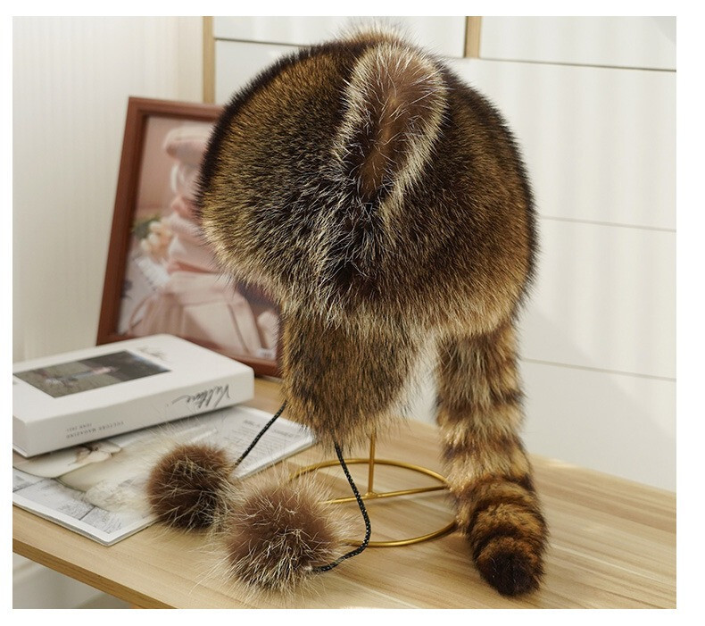 1pcs Adult Real Raccoon Fur Hat Trapper Hat Russian Hat Ushanka Ski Hunter Hat