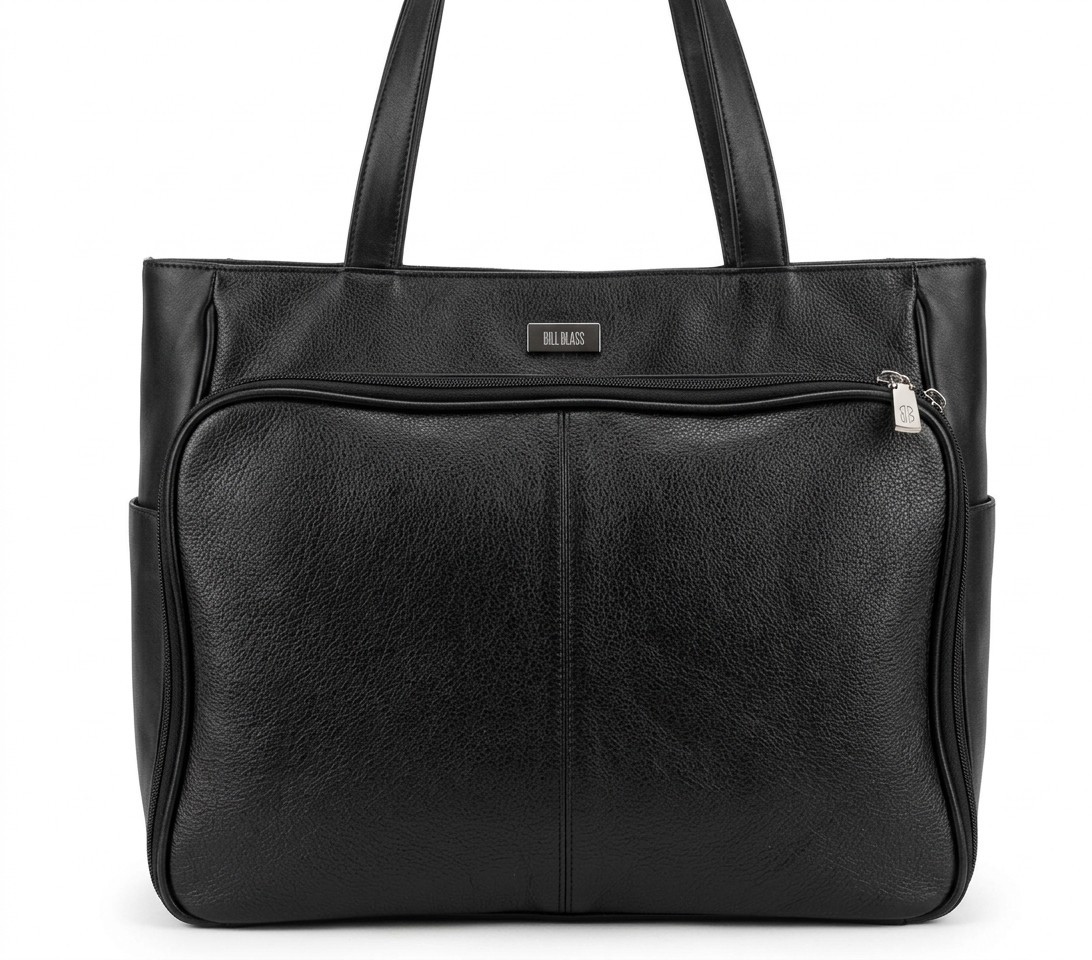 Bill Blass Black Leather Large Tote Bag Multi Pocket Work Travel Shoulder