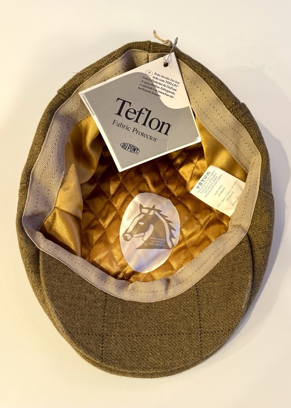 White Horse 100% Wool Flat Cap Brown Newsboy Ivy Hat Made In Portugal Teflon NWT