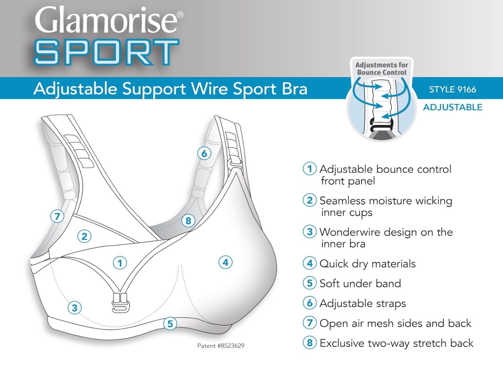 Glamorise UNDERWIRE SPORT Bra (Adjust Support Low-High-Impact) Wicks! Purple NEW