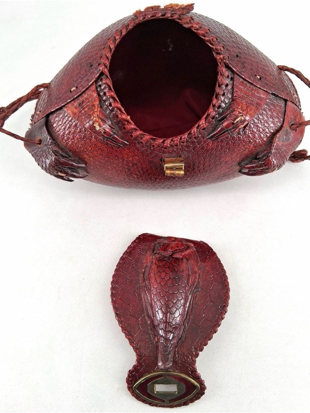 Vintage 1940s Armadillo Taxidermy Purse Leather Braided Strap Red Lining