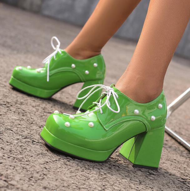 Women Square Toe Beaded Lace Up Pumps Candy Color Mary Jane Shoe Block Heel Pump