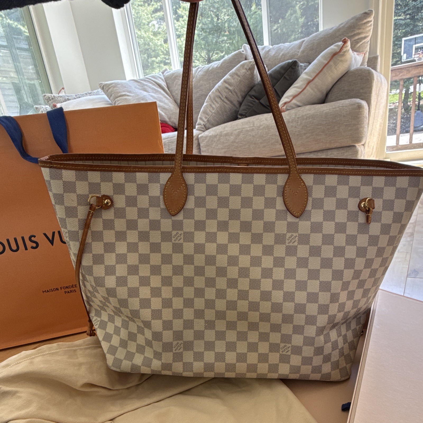 Louis Vuitton Neverfull MM Damier Azur Tote, Dust Bag Box Card, Pockets