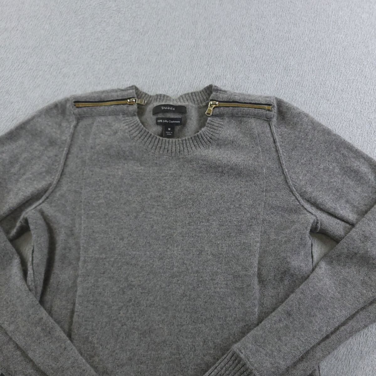 Tahari Sweater Womens M Gray 100 2 Ply Cashmere Zip Shoulder Ribbed Hem FLAW