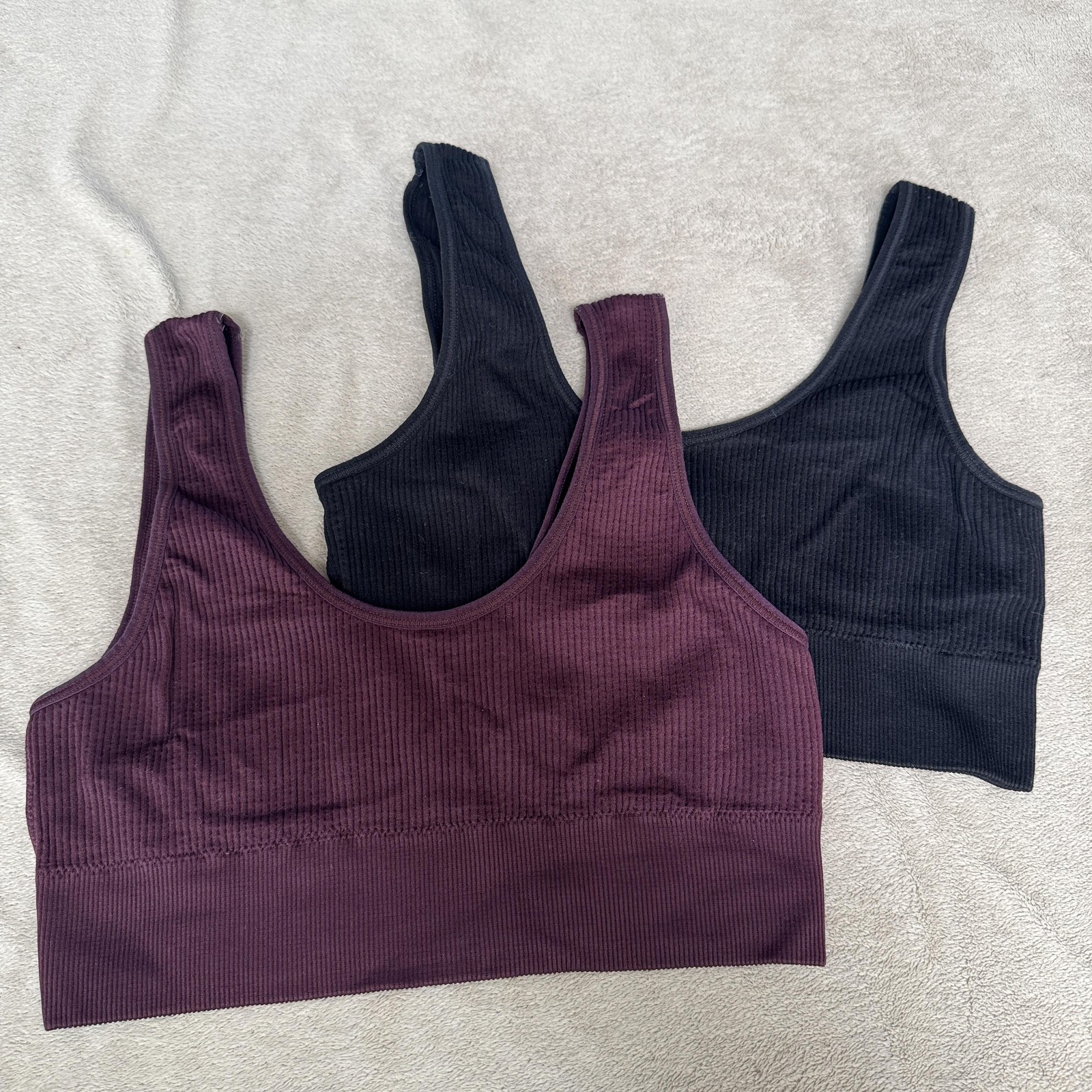 Avia Sports Bra Womens Small Black Purple Ribbed Wireless Stretch Knit 2 Pack