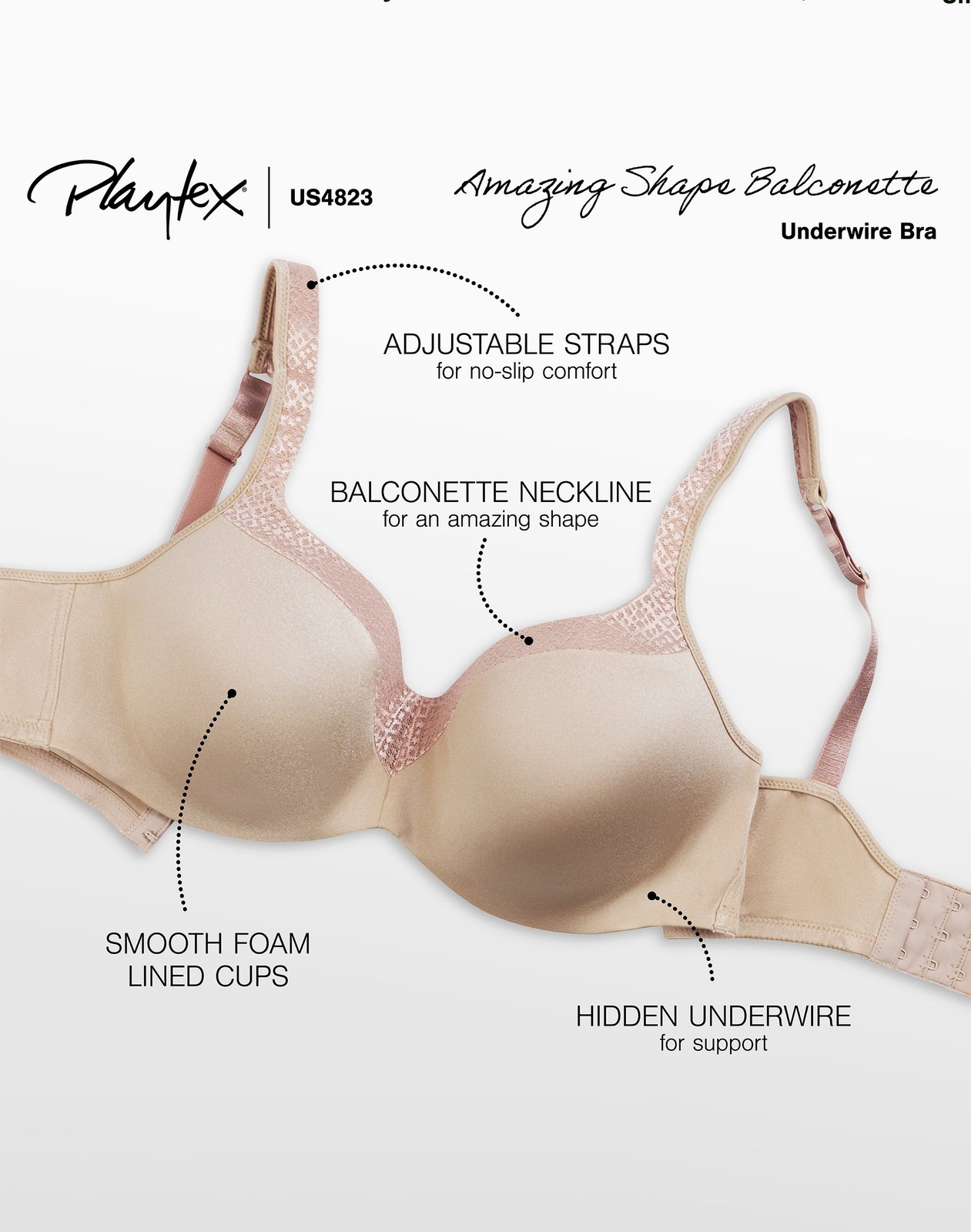 Playtex Underwire Bra Secrets Body Revelation Lace Trim Womens Balconette Smooth