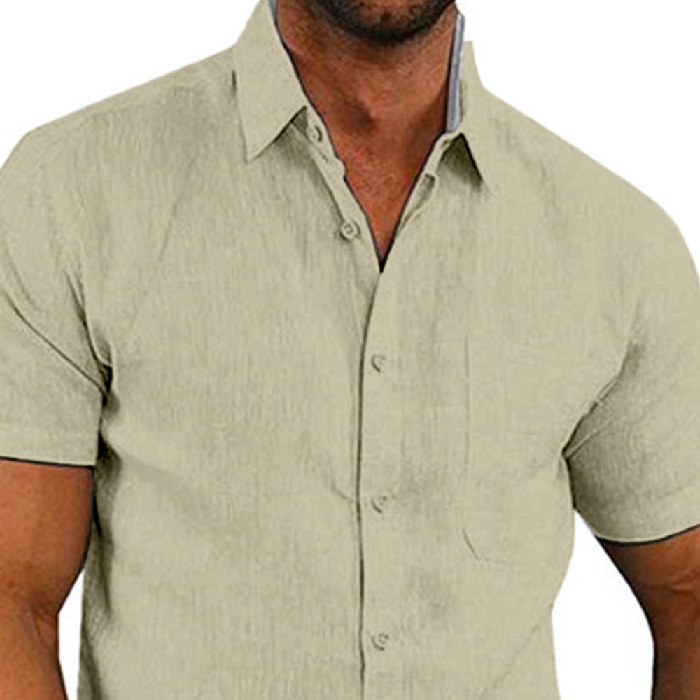 Mens Solid Short Sleeve Button Turn Down Collar Casual Blouse Casual T-shirt Top