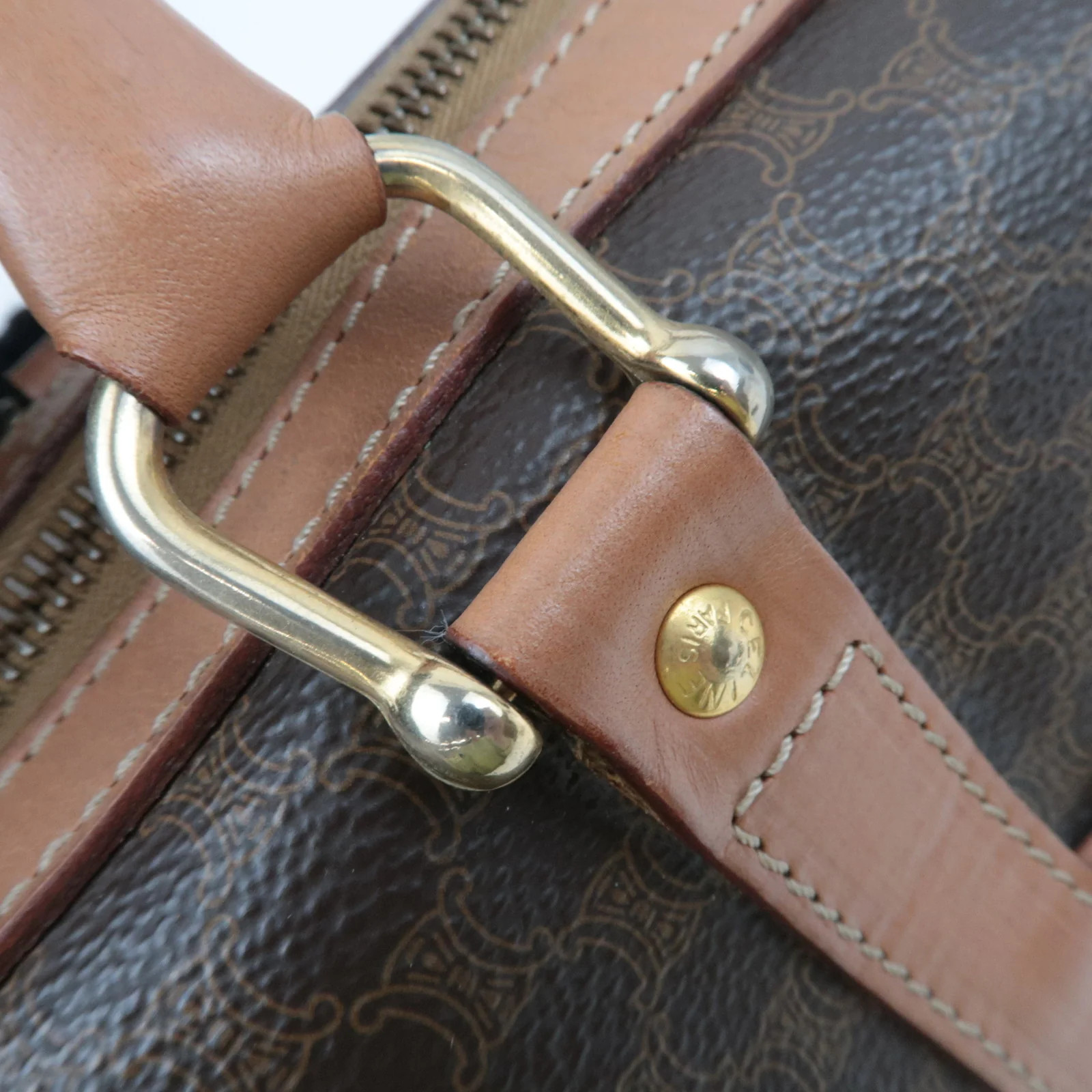 CELINE Macadam PVC Leather Handbag Brown Gold HDW Authentic