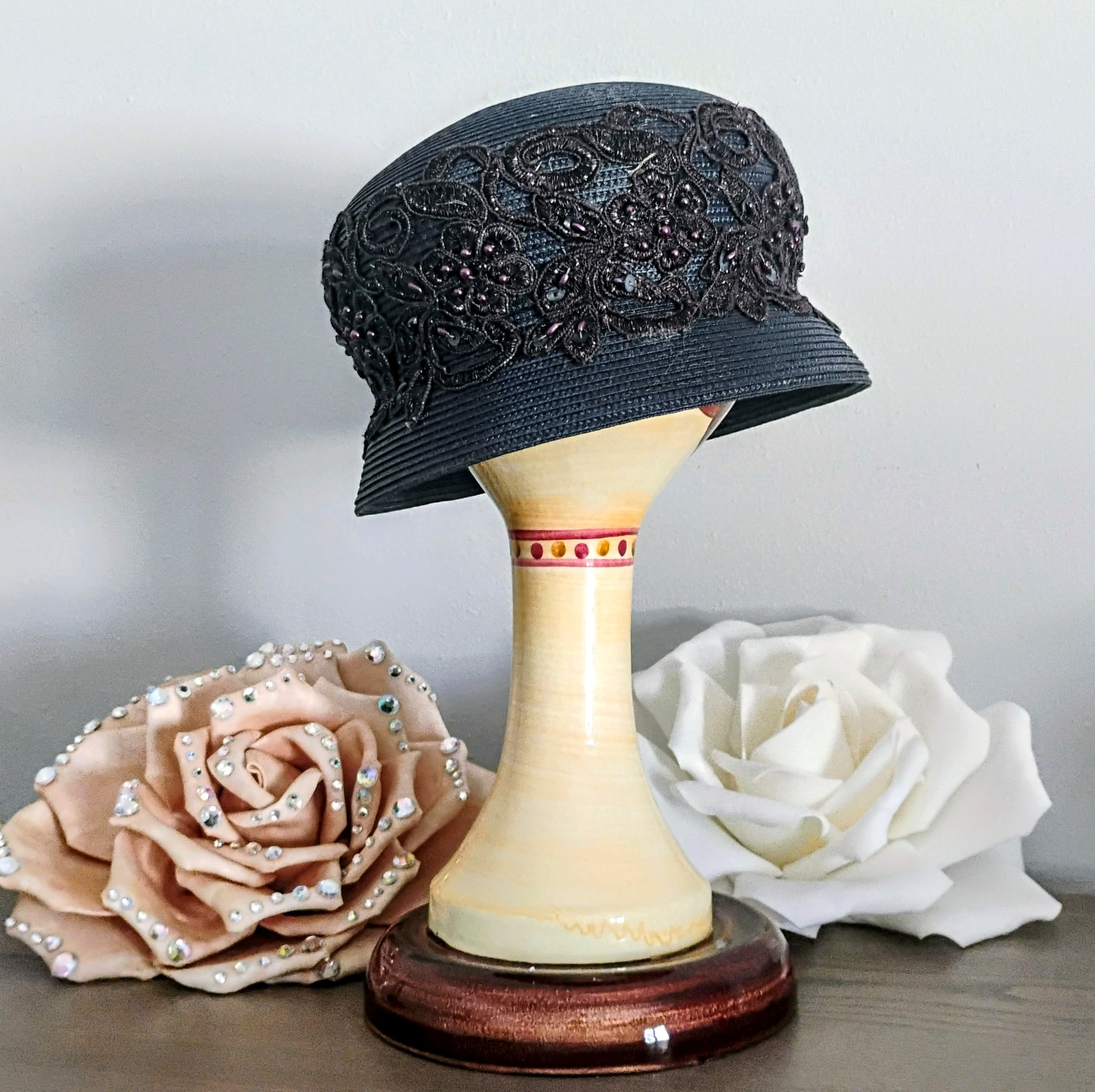 Black/Navy Beaded Bucket/Cloche style Hat
