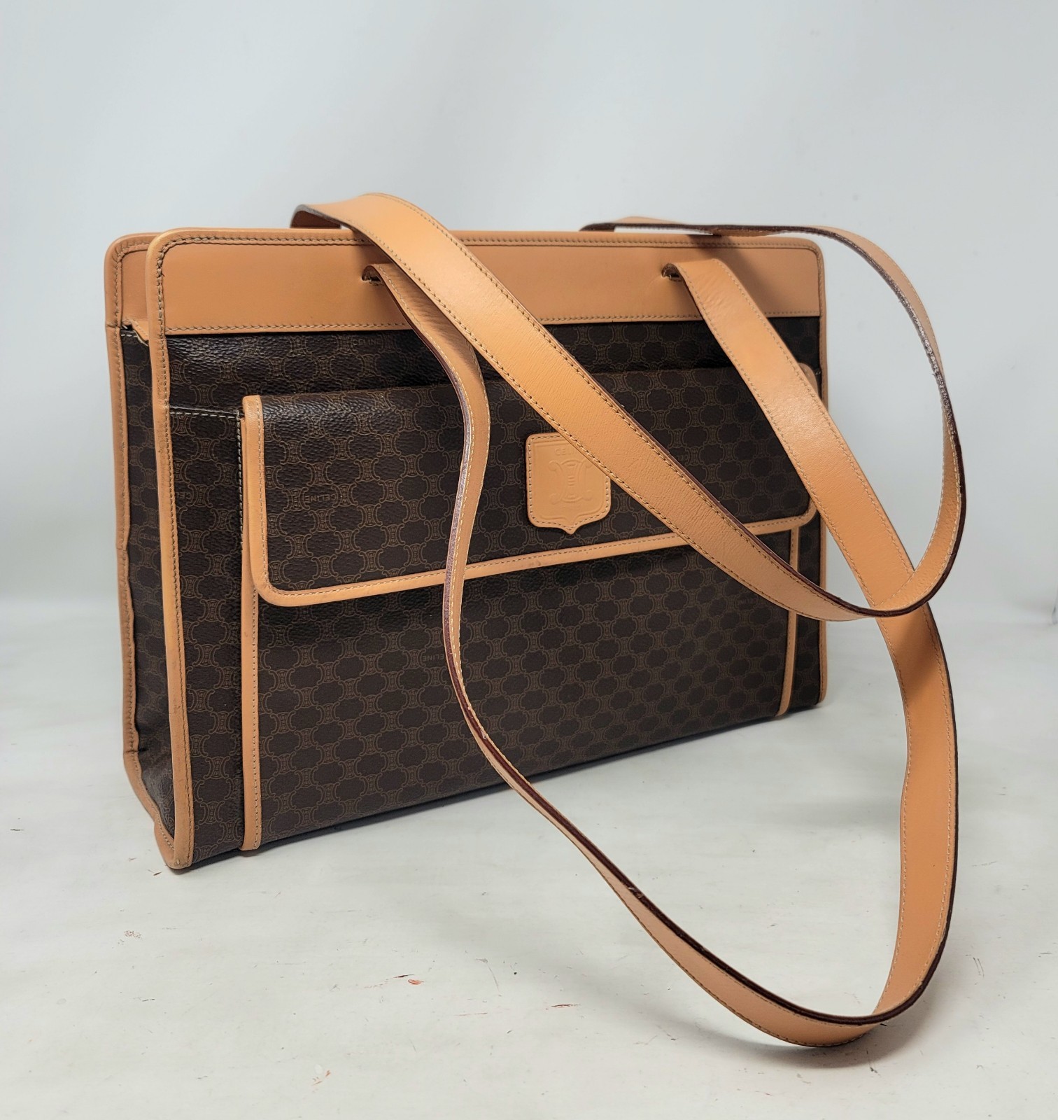 Celine Triomphe Brown Canvas Leather Large Shoulder Hand Bag Authentic Vintage