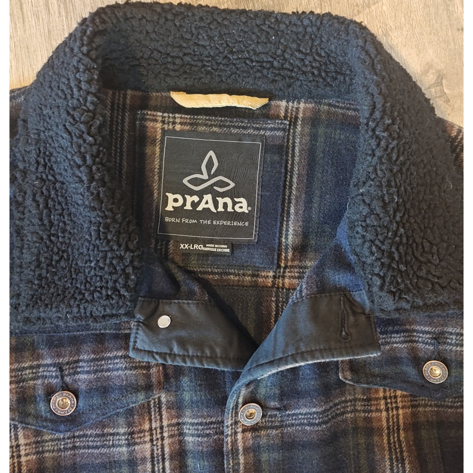 Prana Pinnacle Wool Blend Shirt Jacket Mens XXL Brown black Plaid Sherpa Collar