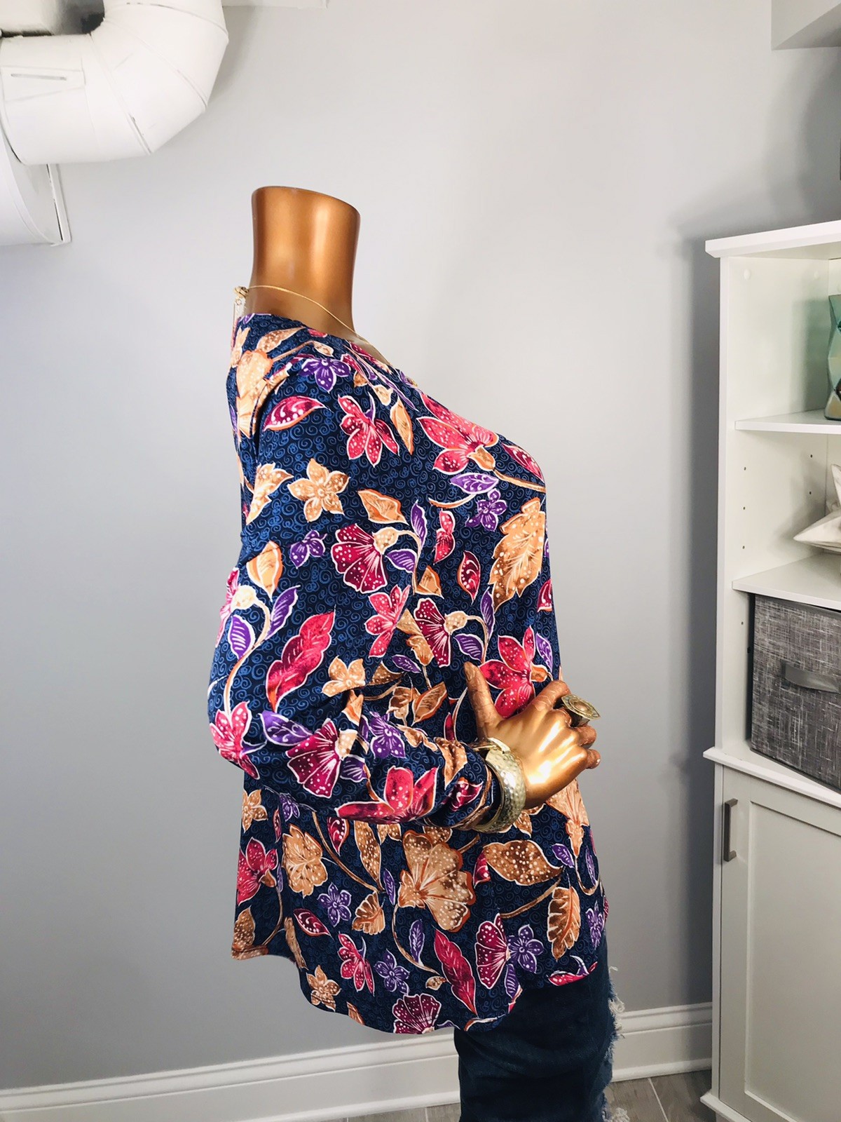 Susan Graver L Top Stretch Loose Fit Floral Prints Blouse Tunic Long Slv Low Cut