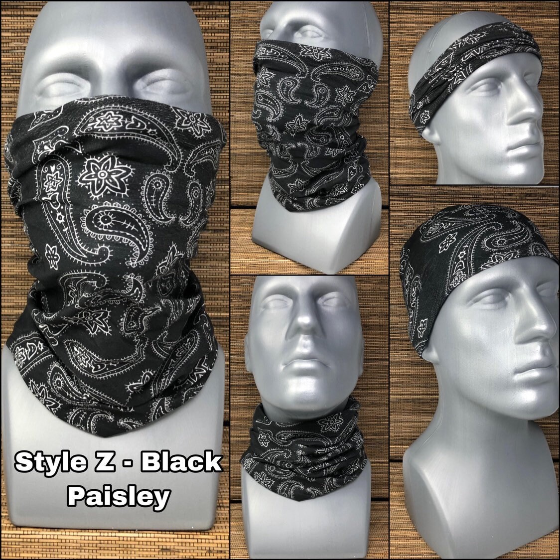 Black Paisley Face Mask Neck Gaiter Motorcycle Balaclava Tube Bandana Bike Mask