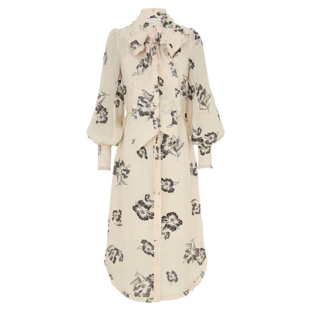Zimmermann New Print Ruffle Collar Tie Neck Midi Dress Elegant Women