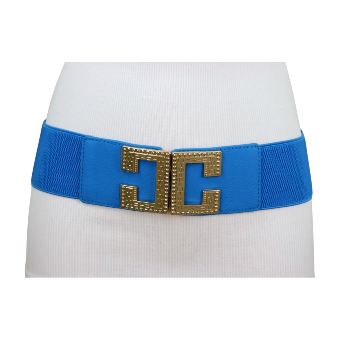 Women Blue Elastic Wide Fashion Belt Hip High Waist Gold Metal C Buckle Size S M