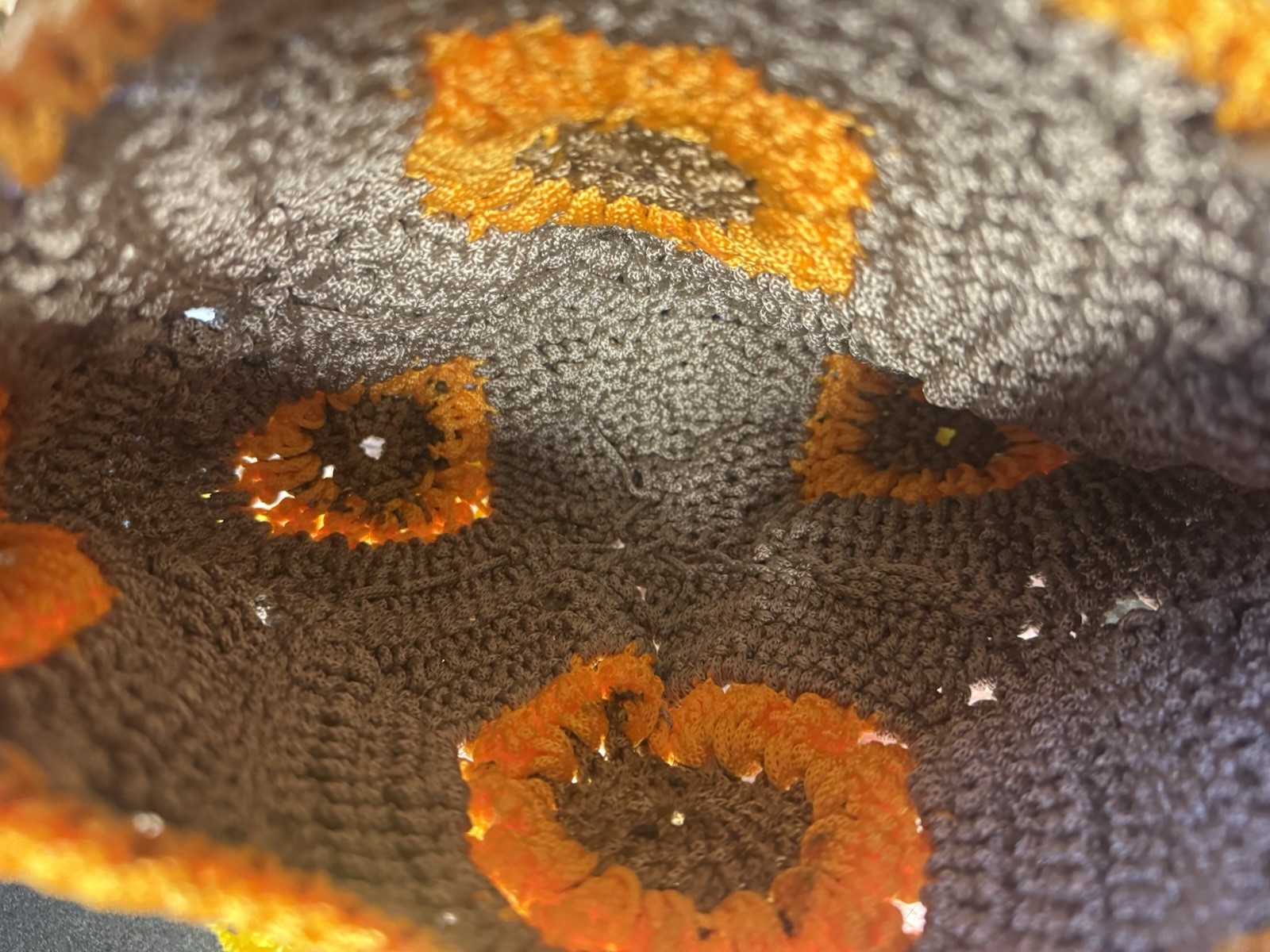 Handmade Crochet Shoulder Bag Brown Orange Round Floral Detachable Strap