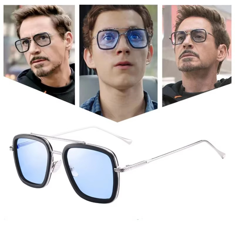 Retro Iron Man Sunglasses Tony Stark Glasses Square Metal Frame for Men Women