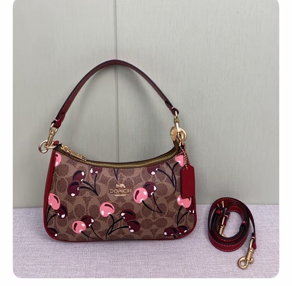 COACH CY694 Teri Shoulder Bag Signature Canvas Cherry Print Tan Brown