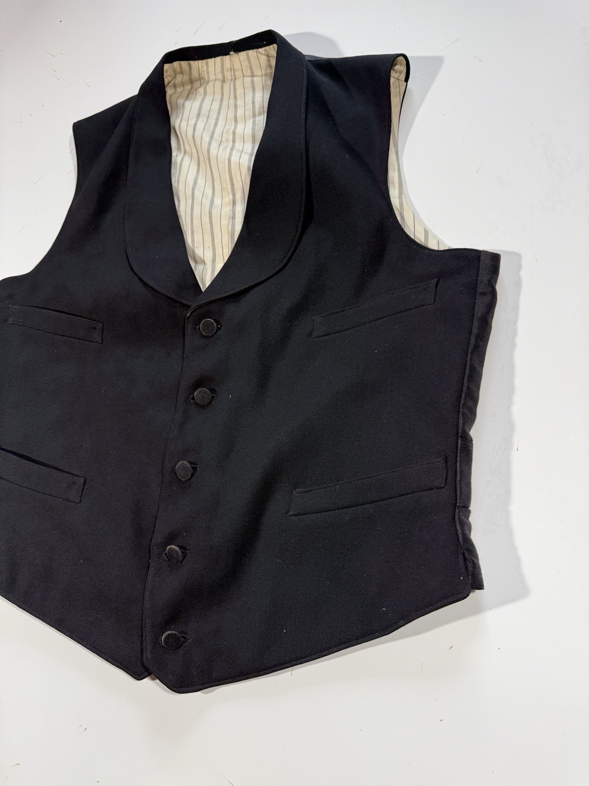 Antique Victorian Mens Black Silk Satin Lined Buckle Back Formal Vest Waistcoat