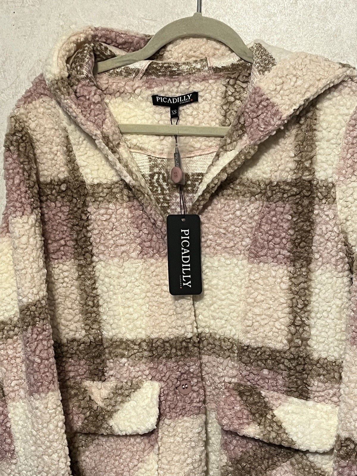 Picadilly Fleece Teddy Jacket – Pink/Beige/White Plaid Size XS – NWT Mid-length