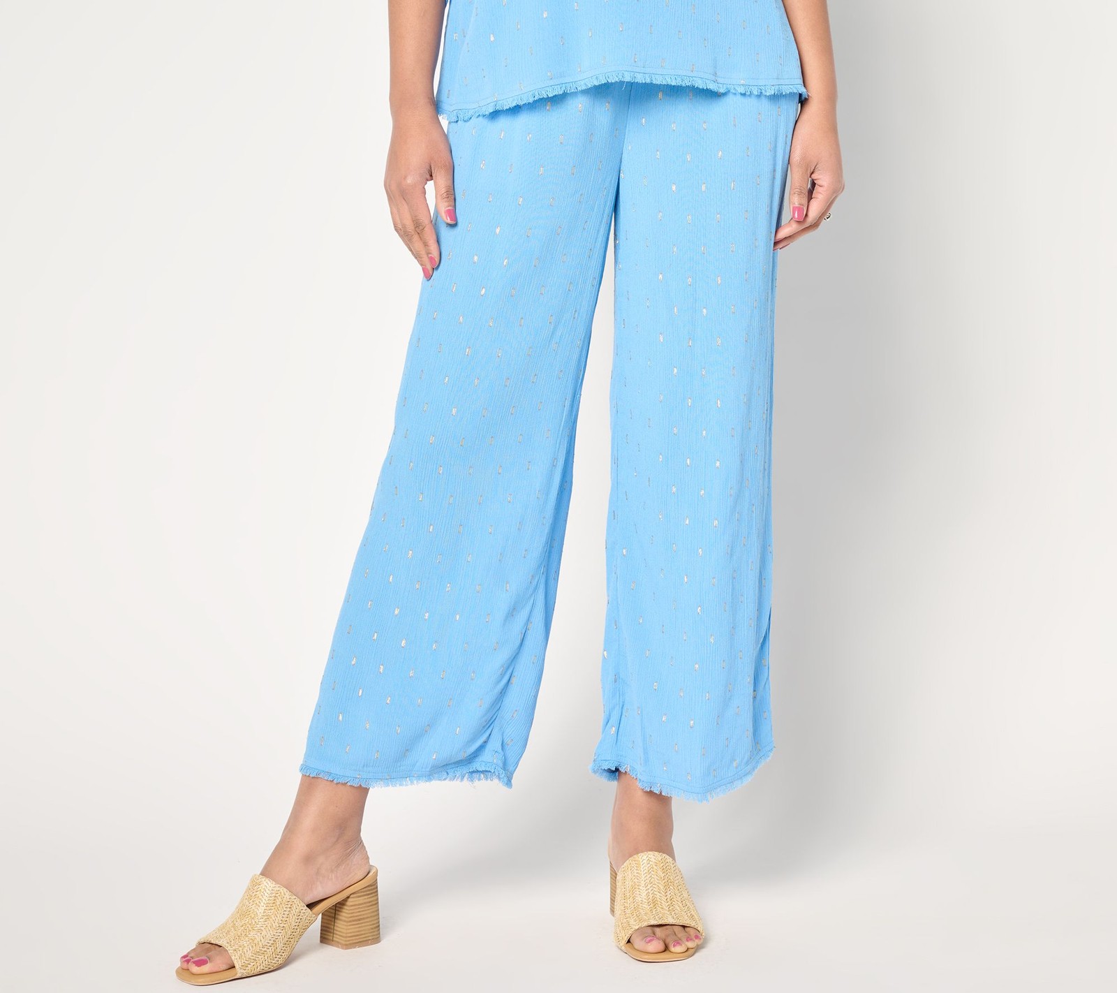 Susan Graver Soleil Regular Lurex Clip Dot Wide Leg Crop Pant Tranquil Blue S Ne