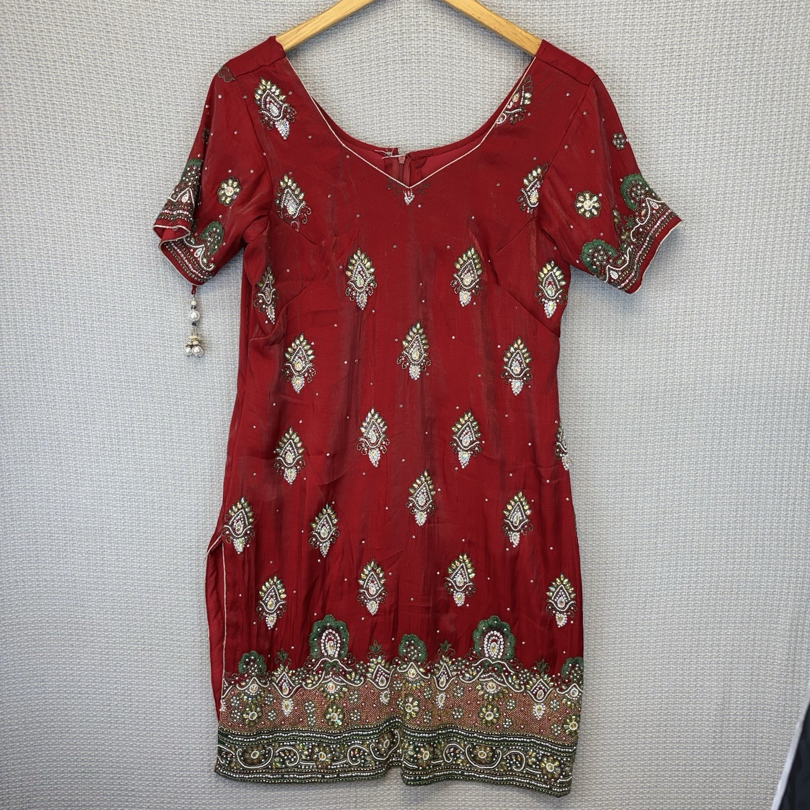 Indian Pakistani Women’s Red Heavily Beaded Kurti Kurta Tunic Dress S 4 Wedding
