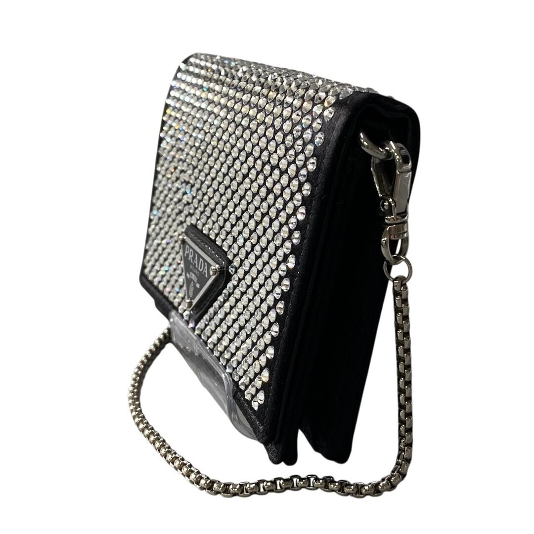 PRADA Rhinestone Flap Card Holder Mini Bag Black Silver Women TA1 Used AYAN-0