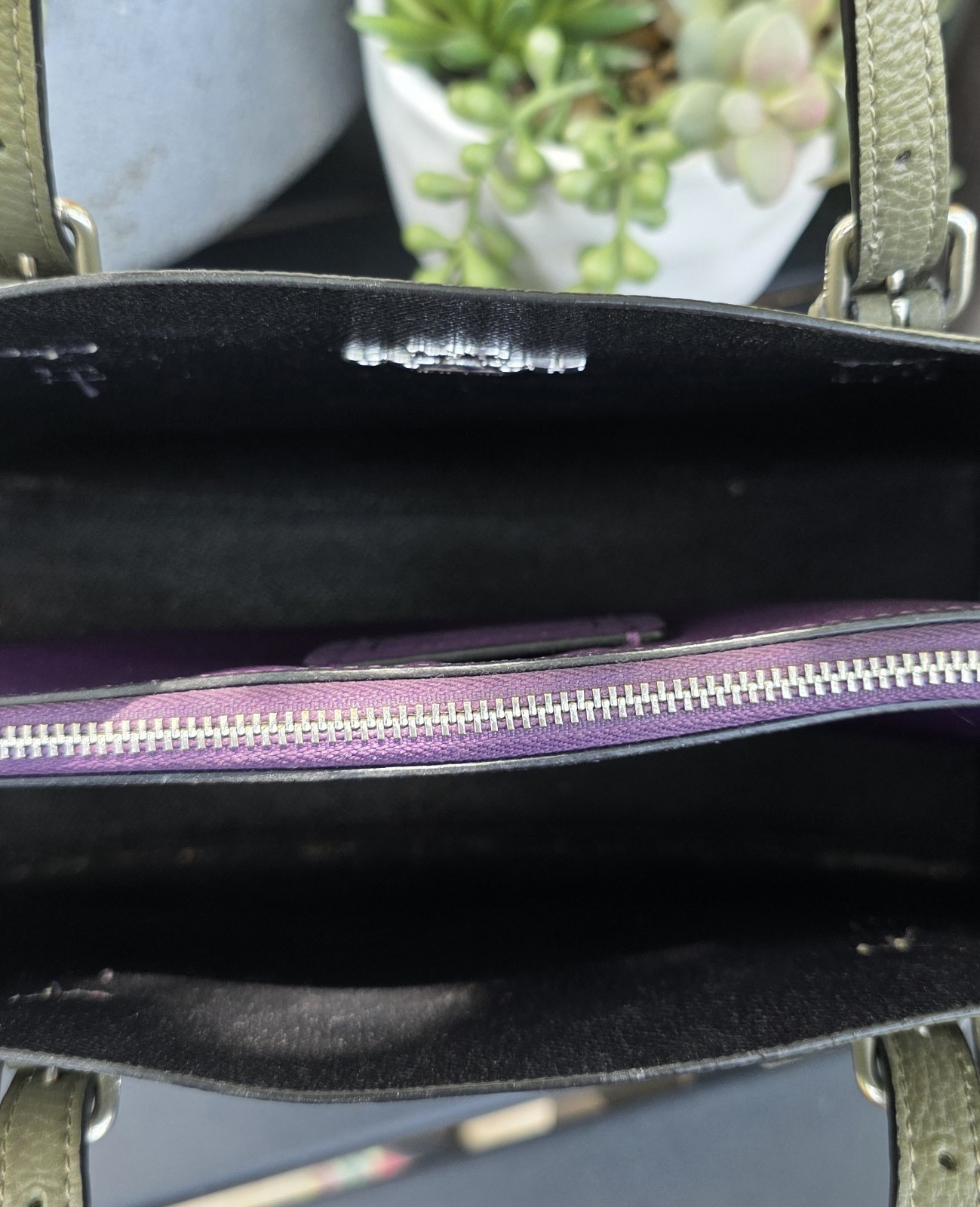 Coach Women’s Green Pebbled Satchel Top Handle Bag Zip, Purple Lined, Strap