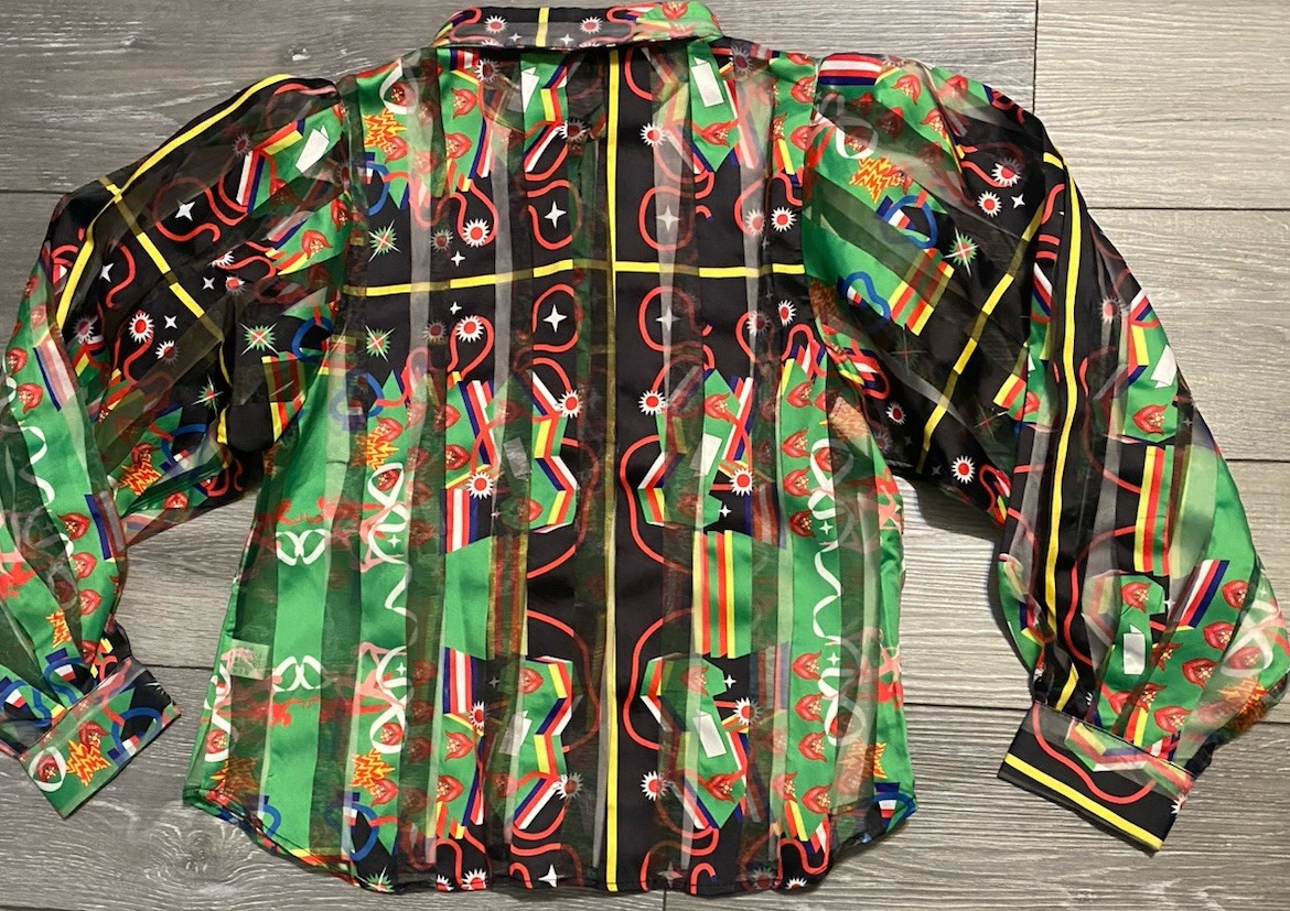 Akira Womens Collared Long Balloon Sleeve Button Front Top Colorful Sheer EUC