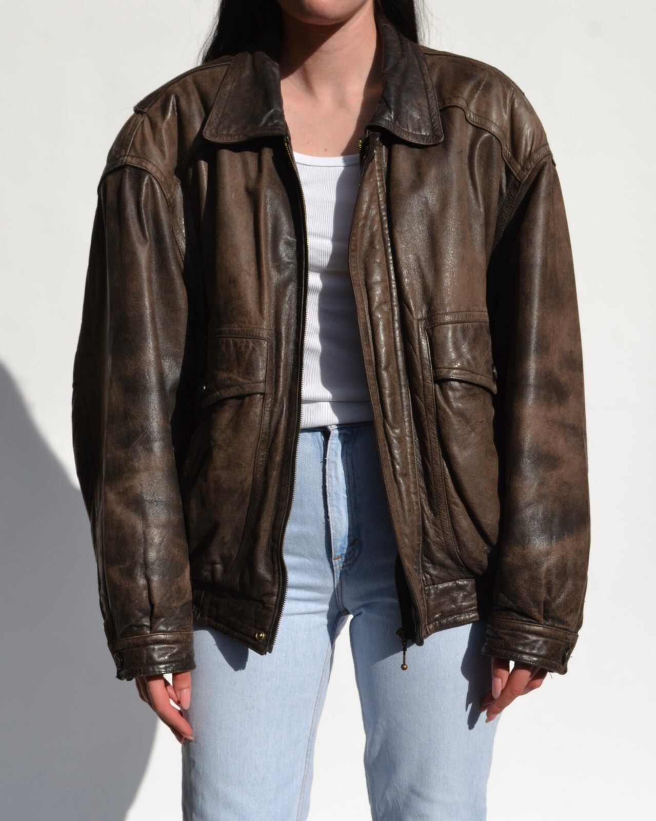 90s Women’s Baggy Style Distressed Brown Oversized Leather Bomber Jacket