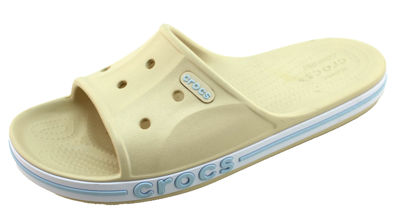 New CROCS Women’s 6 Bayaband Vanilla Cream /Blue Raised Crocs Logo Slide Sandals