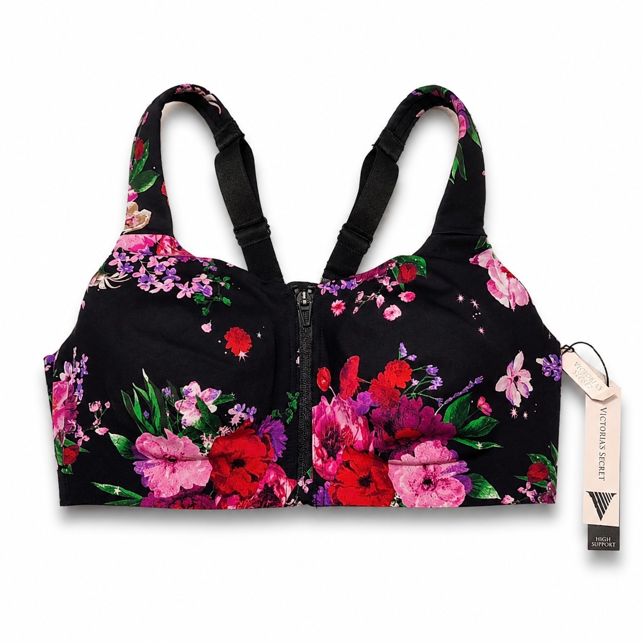 Victoria’s Secret On Point High Support Sports Bra 34D Floral Zip Front NWT