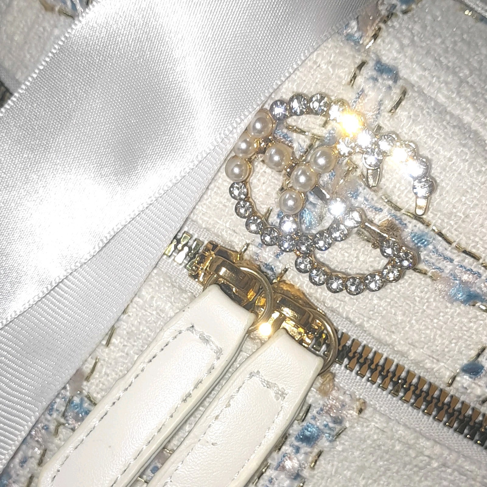 New White Blue Tweed Shoulder Bag with Bow, Rhinestone, Pearl, Gold Handcrafted