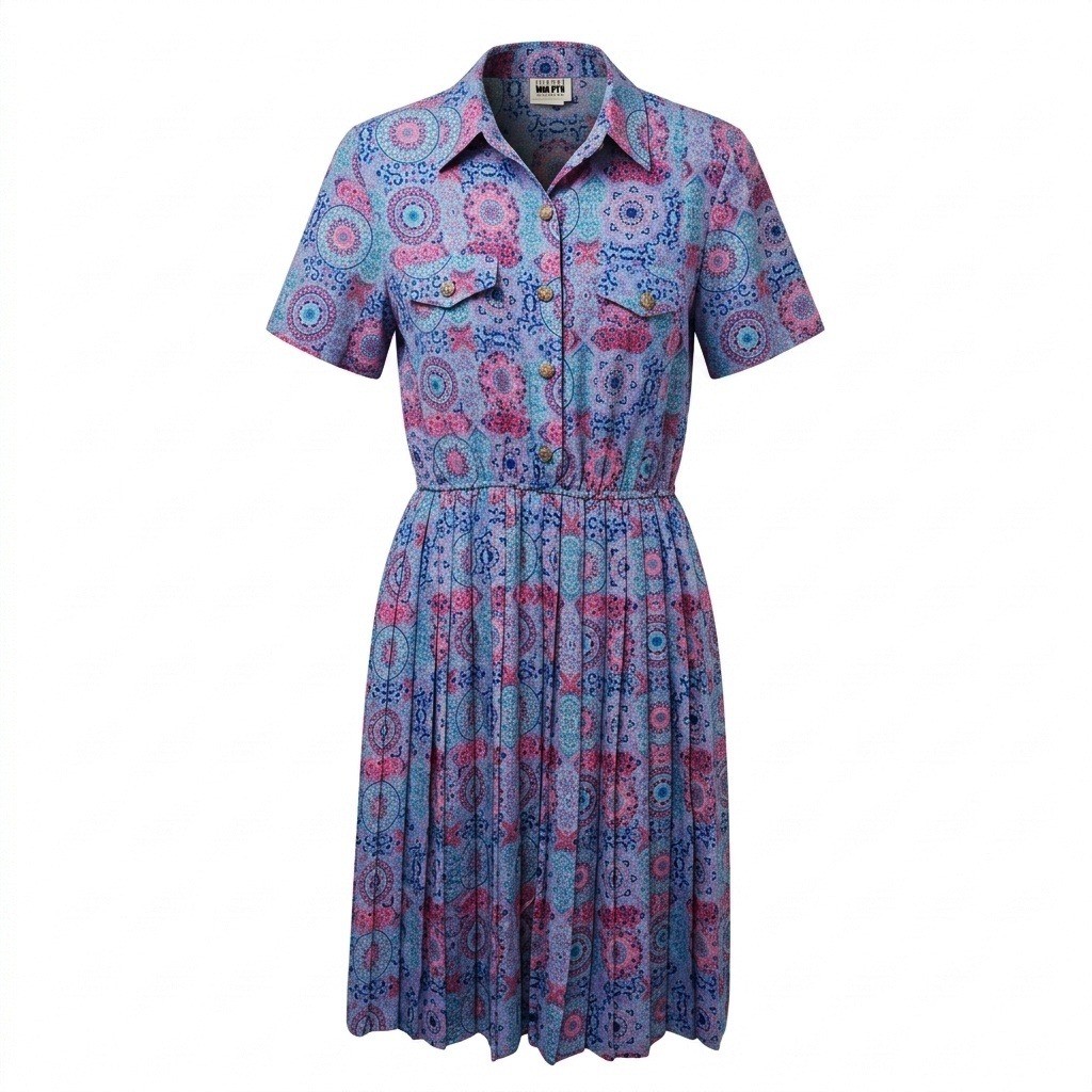 80s Vintage Leslie Fay Shirtwaist Dress Size 14P Pleated Bohemian Medallion