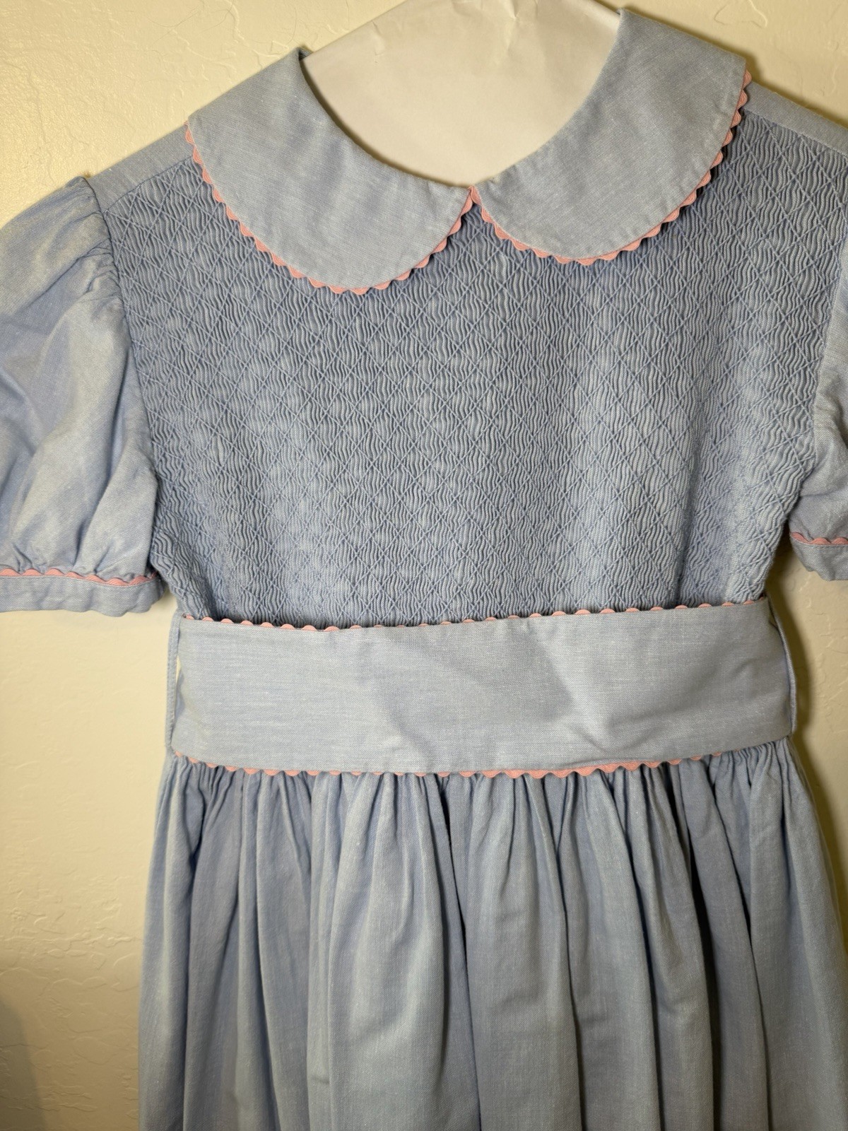Vintage Bois de Rose Smocked Blue Dress Peter Pan Collar Size 7 Girls