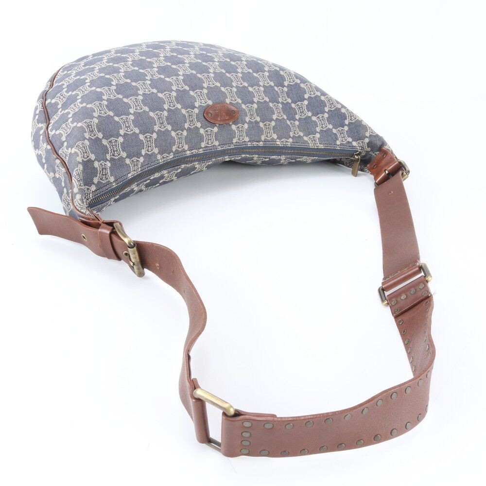 CELINE Shoulder Bag Paris Macadam Leather Canvas Indigo Vintage Auth From Japan