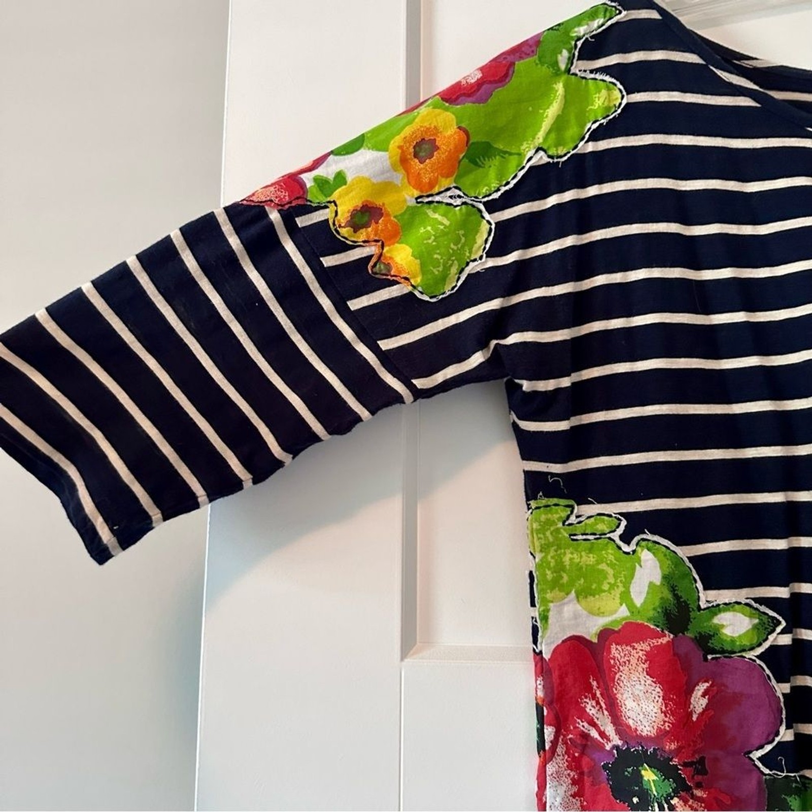 L Navy and white striped Meadow Rue 3/4 sleeve boat neck top