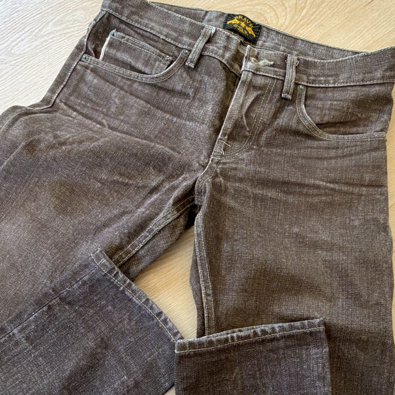Brave Star Men’s Brown Charcoal Wash Slim Straight Denim Jeans Button Fly