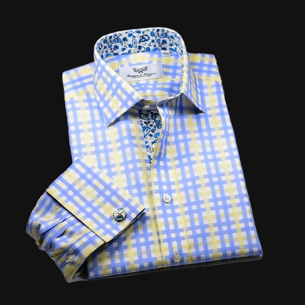 Blue & Yellow Check Formal Business Dress Shirt Paisley inner Lining Elegant