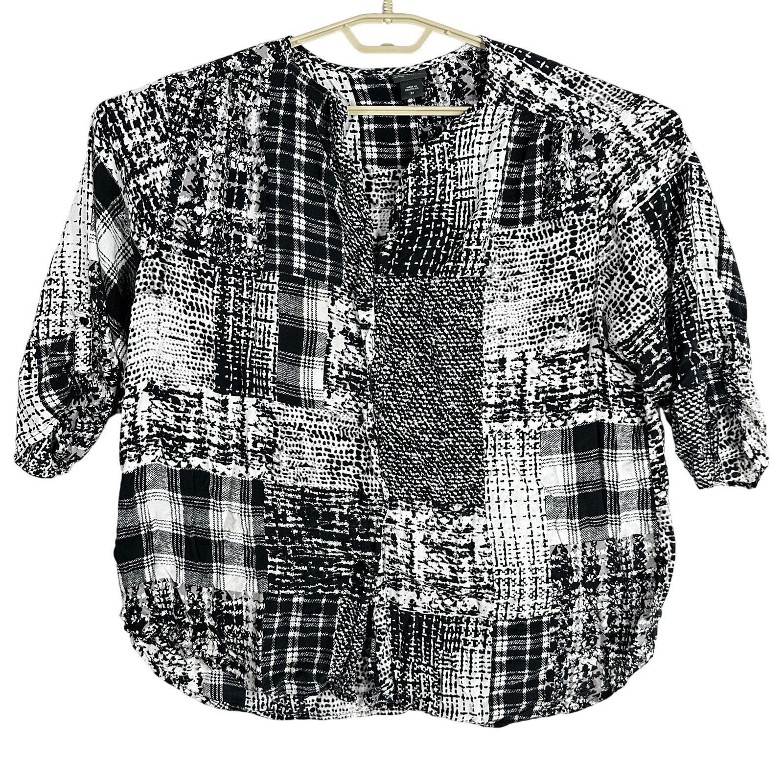Covington Blouse Plus 2X Black White Patchwork Style Lightweight Cottage Boho