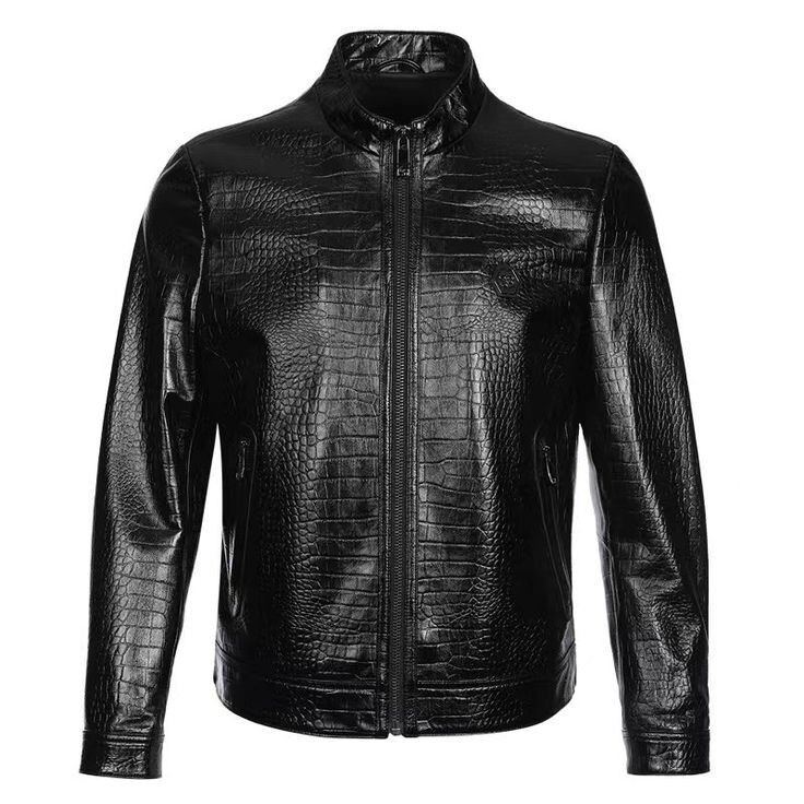 Men’s Black Real Leather Crocodile Embossed Jacket Biker Alligator Print Jacket